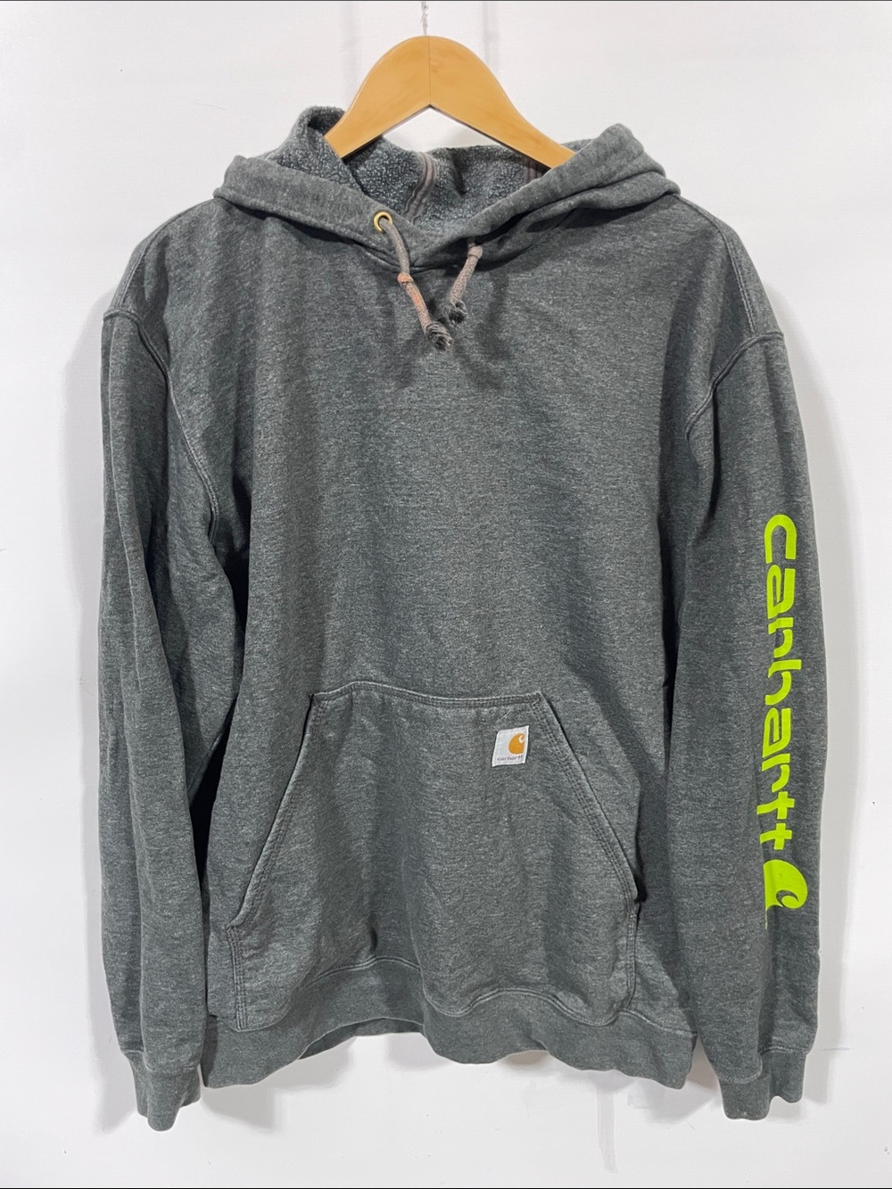 Carhartt Gray Hoodie with Neon Yellow Sleeve Script